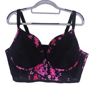 Torrid Curve Push- Up Plunge Black Lace Overlay Pink Floral Bra 42DD